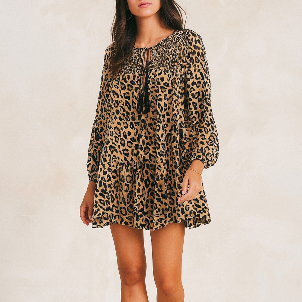 180. Crescent Leopard Print Smocked Peasant Dress Tunic - Size Small